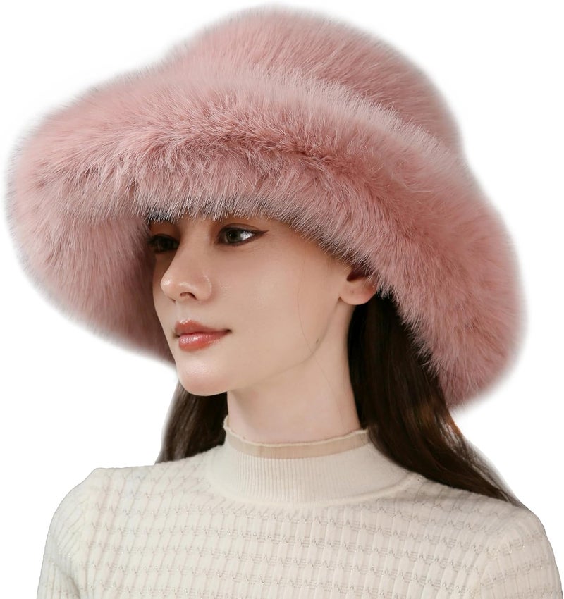 Dikoaina Luxury Faux Fur Bucket Hat for Women Girl – Oversized Brim, Super Soft & Fluffy Winter Hat, Cozy Fur-Like Beanie - Image 1